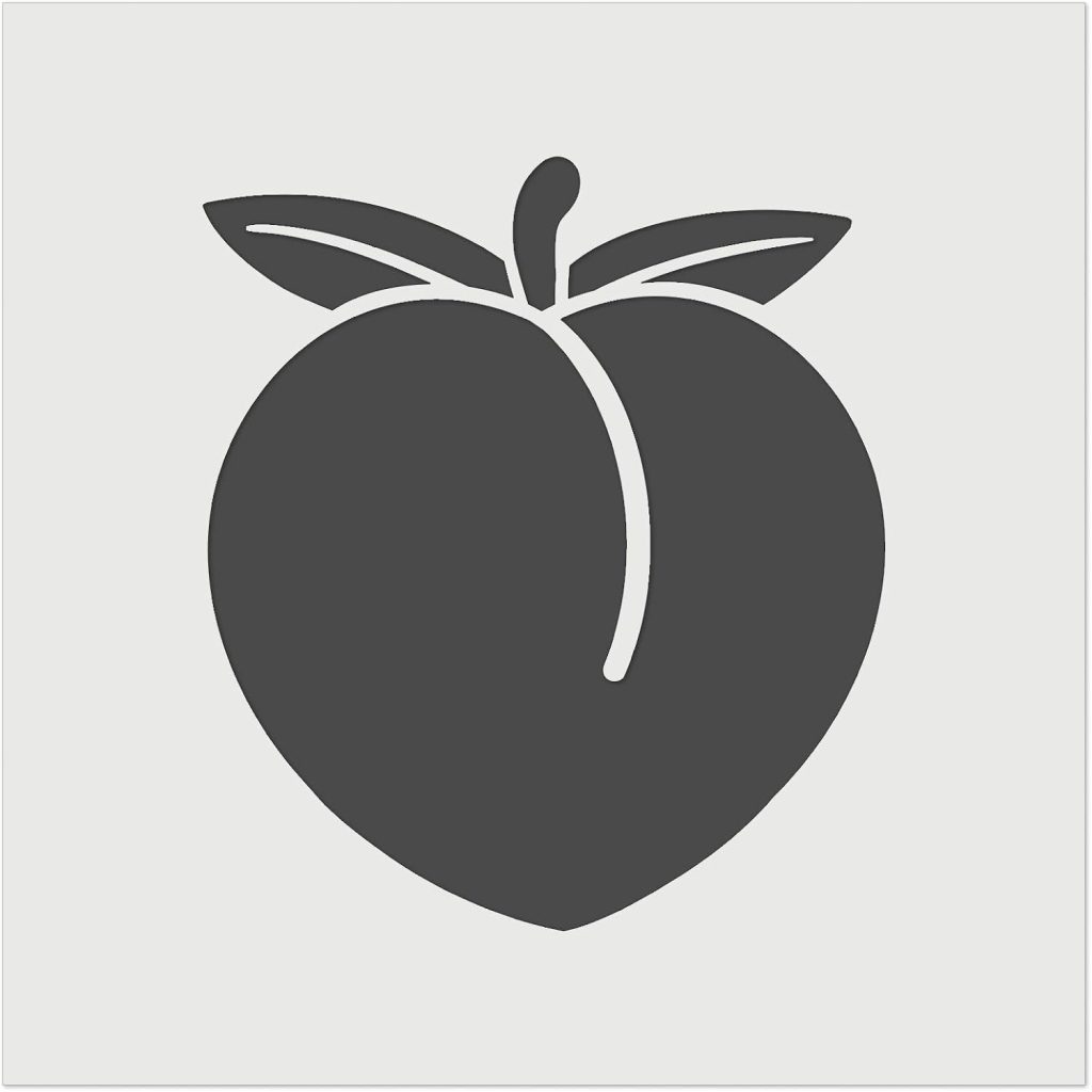Solid black silhouette of a peach with two leaves and a stem on a plain white background.