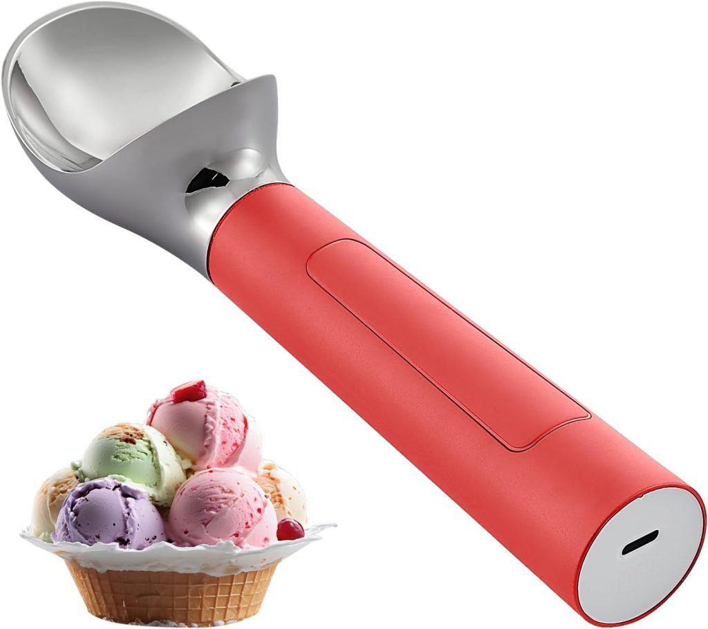 A metal ice cream scoop with a red handle is shown next to a waffle bowl filled with assorted ice cream flavors, including creamy Strawberry Shortcake Ice Cream.