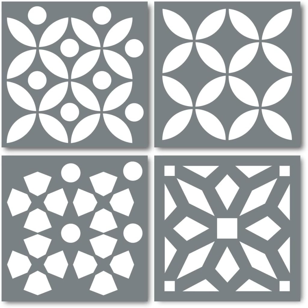 Four square tiles with geometric white patterns on a gray background, featuring circles, petals, pentagons, diamonds, and a central square in different symmetrical arrangements.