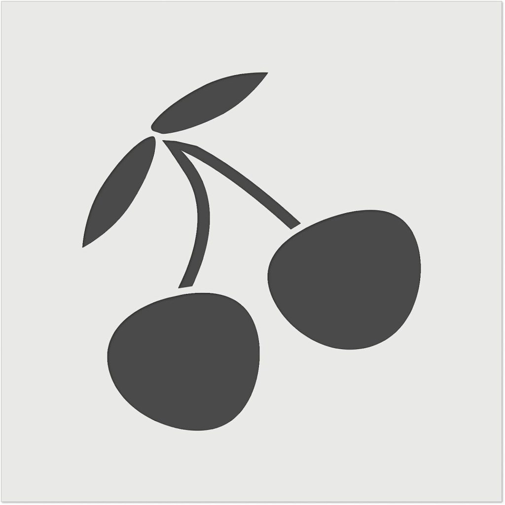 Simple black silhouette illustration of two cherries with stems and leaves on a white background.