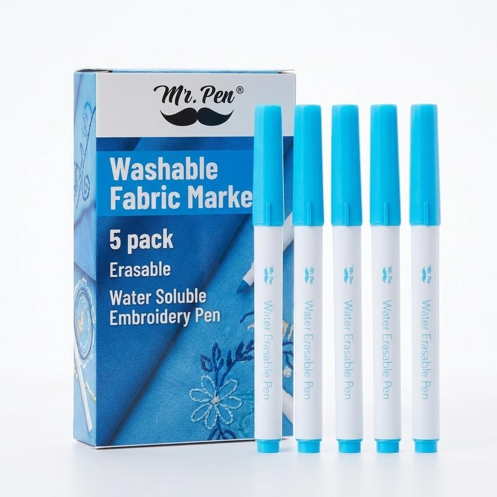 A box labeled "Mr. Pen Washable Fabric Marker" stands next to five blue and white water erasable embroidery pens.