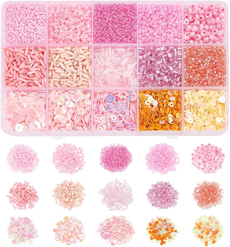 A plastic organizer box with 18 compartments, each holding different shapes and shades of pink, purple, orange, and yellow beads. Below are grouped samples of each bead type.