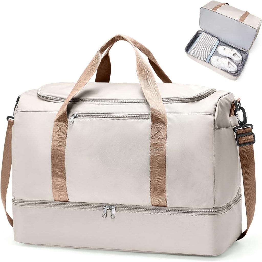 Beige duffel bag with brown handles and a detachable shoulder strap, featuring a front zipper pocket and a bottom compartment; inset shows open bag with shoes and clothes inside.