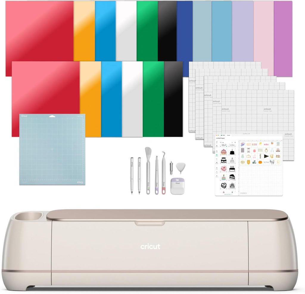 Cricut cutting machine set with colored vinyl sheets, transfer tape, blue mat, tools, pen adapter, and sticker sheet arranged above and beside the machine on a white background.