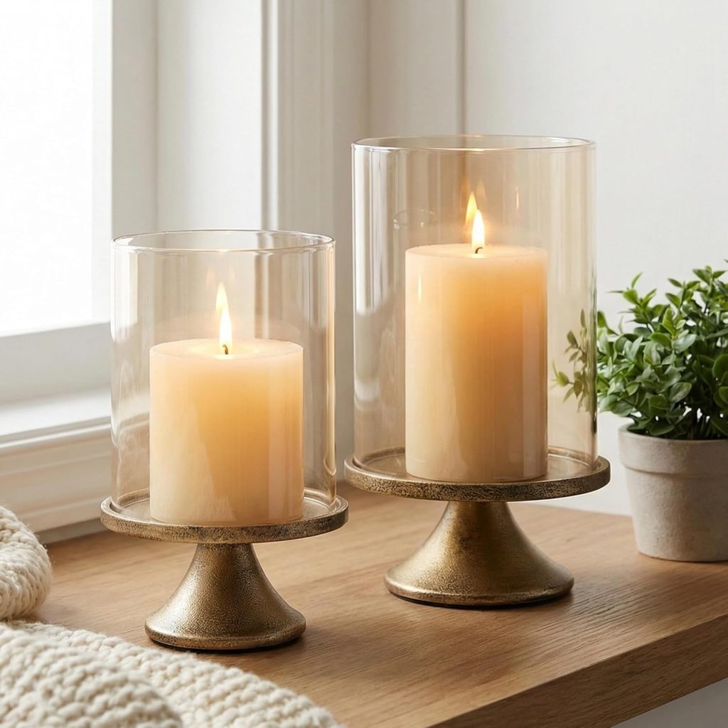 Two lit pillar candles in glass hurricane holders with gold bases, accented by delicate pressed flowers, sit on a wooden surface next to a potted plant and a knit blanket near a window.