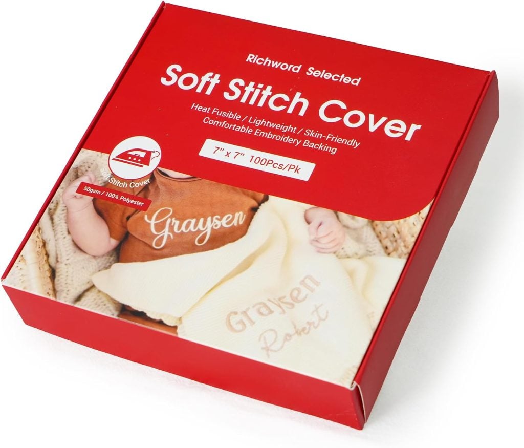 A red box labeled "Soft Stitch Cover" contains 100 heat fusible, lightweight, 7" x 7" embroidery backing sheets.