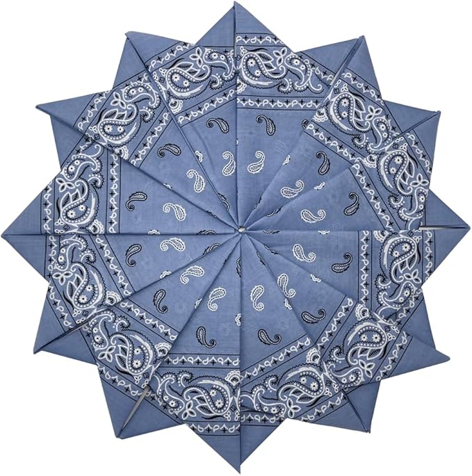 A circular arrangement of blue paisley-patterned bandanas folded into a geometric, star-like design.