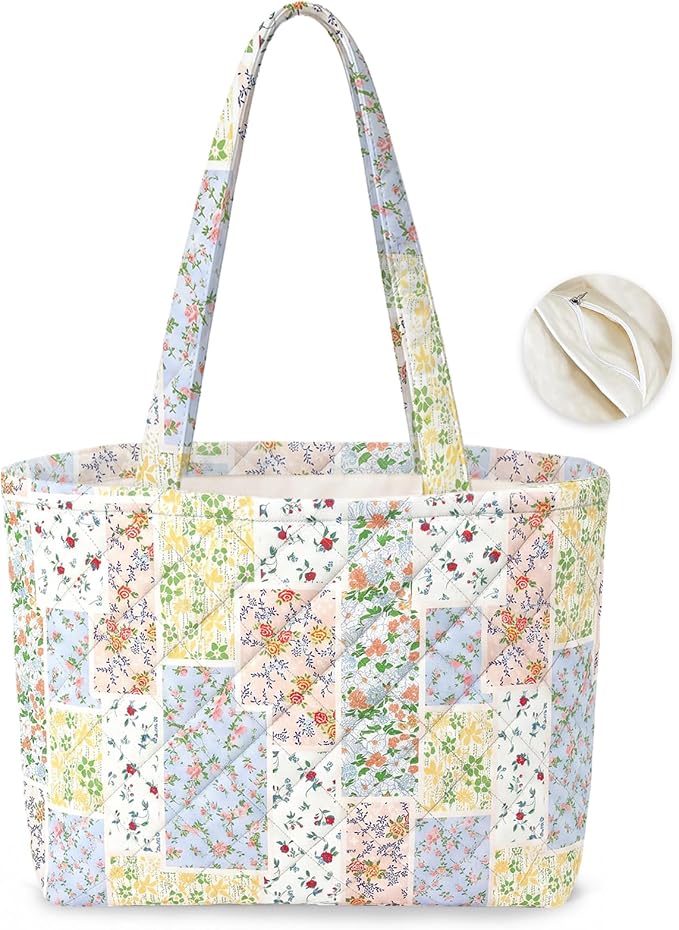 Quilted tote bag with patchwork floral pattern, two handles, and a zippered inner pocket shown in a close-up inset.