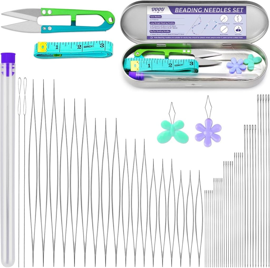 Beading needles set includes various needles, threaders, measuring tape, scissors, and a storage tin. Items are arranged on a white background.