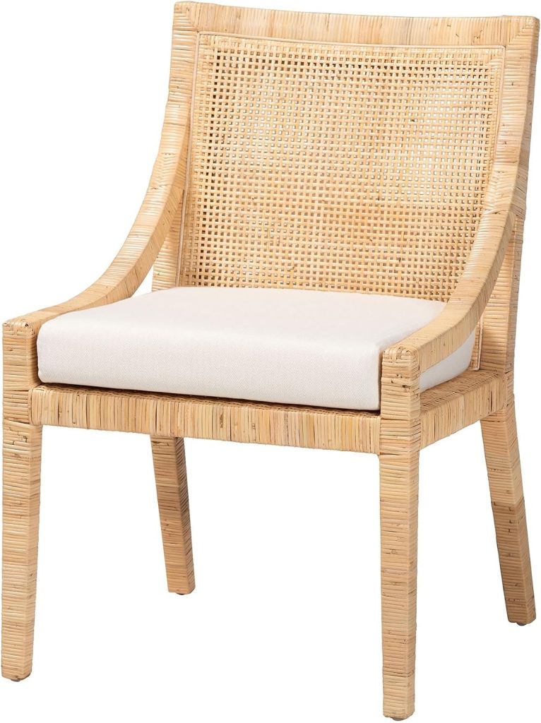A wooden chair with a woven backrest and seat frame, inspired by classic rattan furniture design, featuring straight legs and a white cushioned seat.