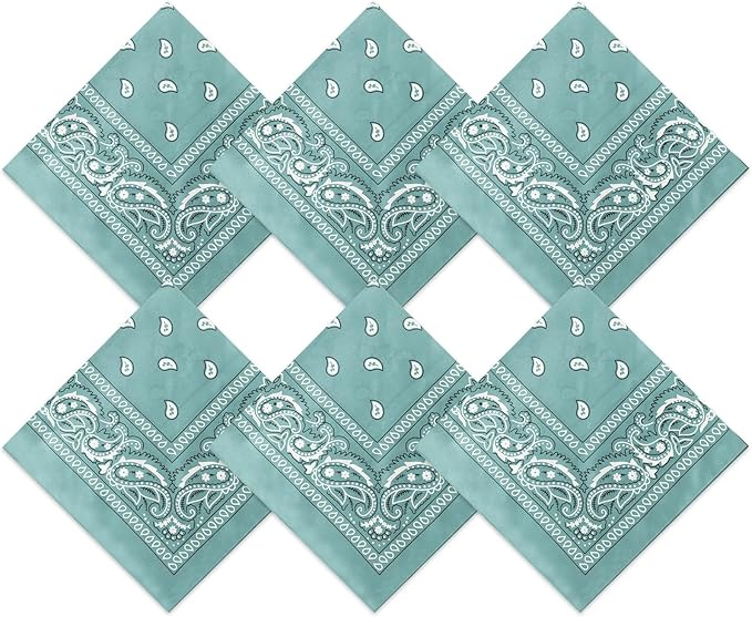 Six teal bandanas featuring a classic white paisley pattern are arranged in a diamond formation on a white background.