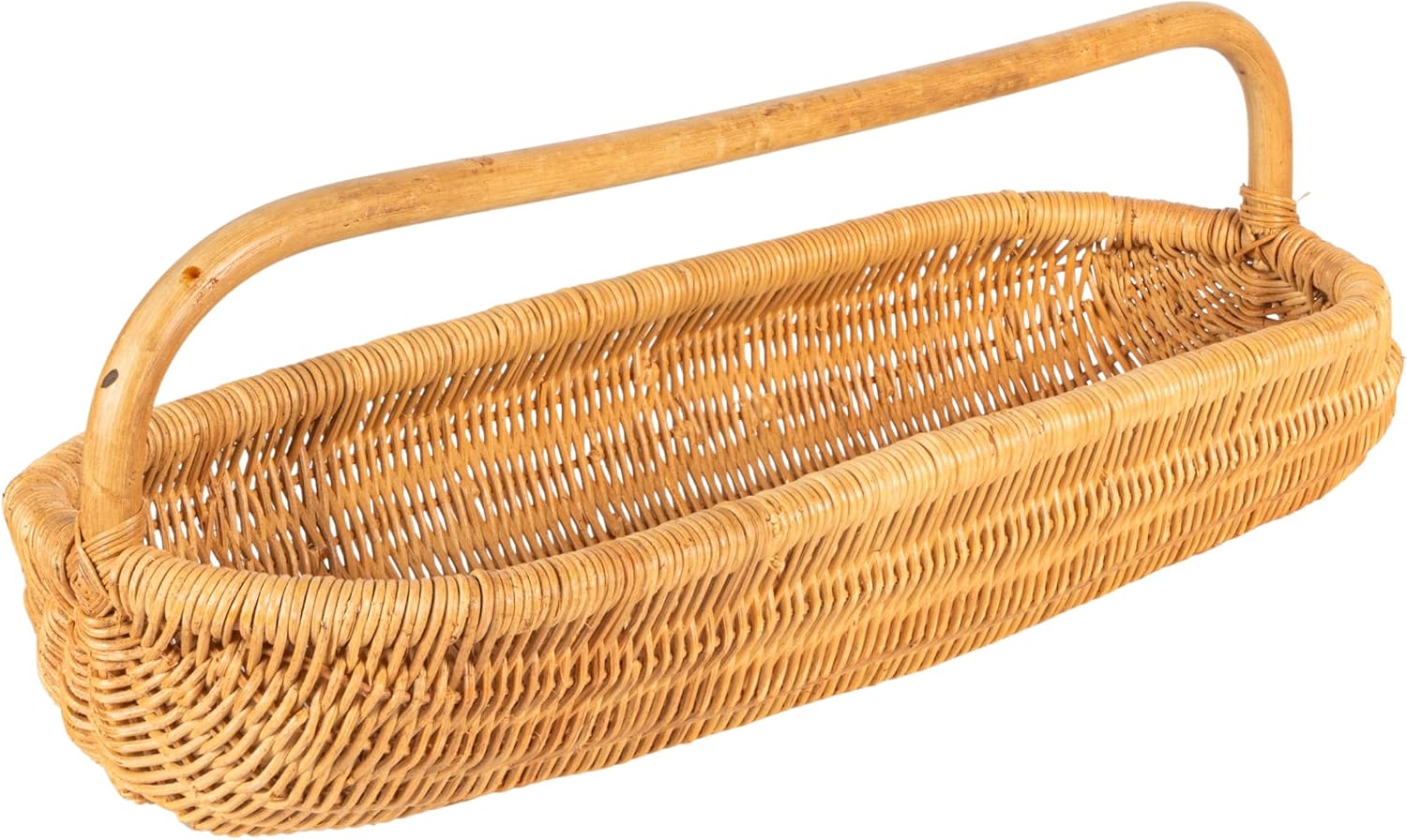 A rectangular woven wicker basket with a sturdy wooden handle, reminiscent of classic rattan furniture, shown empty against a white background.