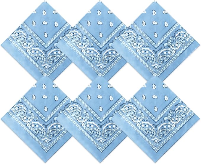 Six light blue bandanas with white paisley patterns are arranged in a diamond formation.