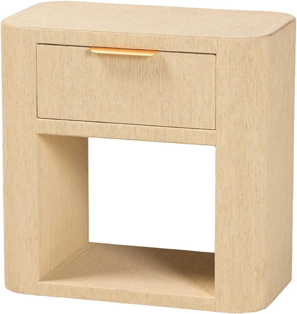 Light wood nightstand with a single drawer and an open lower shelf, featuring a gold handle, perfect for complementing rattan furniture in any modern bedroom.
