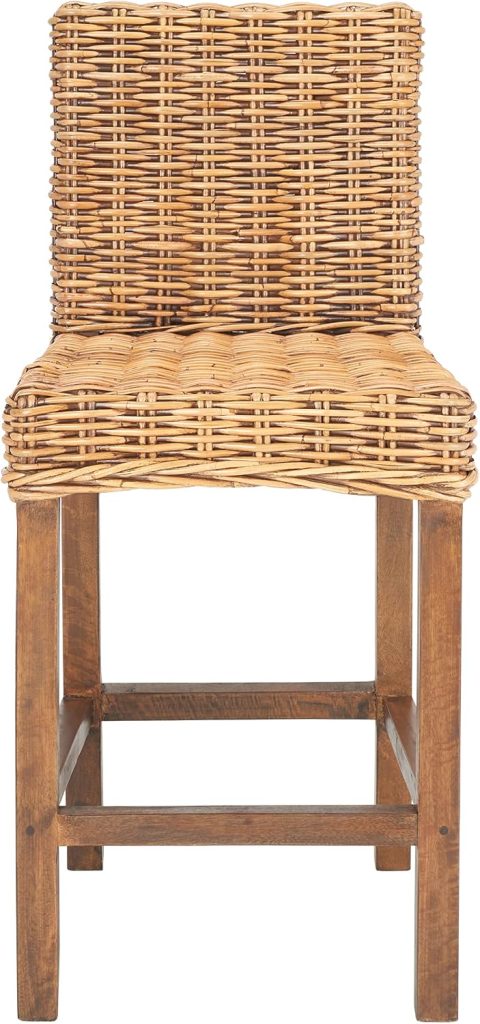 A tall bar stool with a woven rattan seat and backrest, supported by a simple wooden frame and legs, exemplifies the natural elegance of rattan furniture. The chair is shown facing forward against a white background.