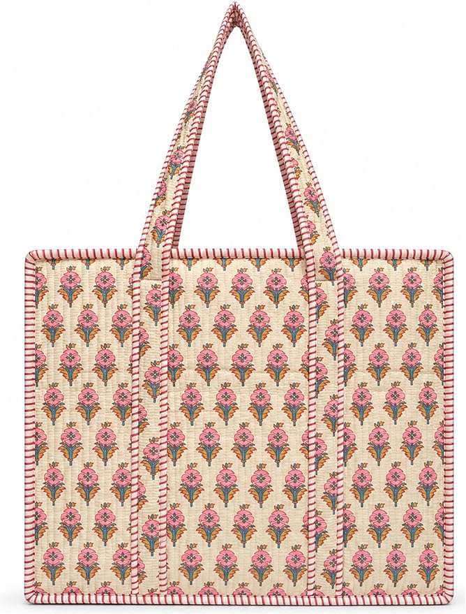 A rectangular tote bag with long handles, featuring a cream background and a repeating pink and green floral pattern, bordered with red and white striped trim.