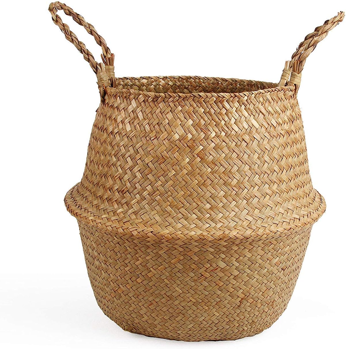 Round woven seagrass basket with two loop handles, natural light brown color, shown on a white background—a perfect accent for spaces styled with rattan furniture.
