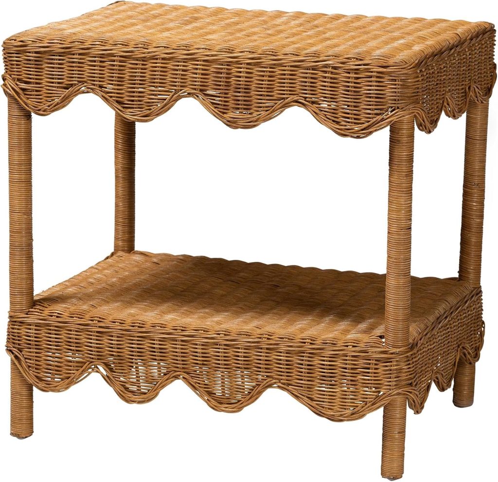 Brown wicker two-tier side table with scalloped edges, featuring a flat top surface and a lower shelf supported by four legs—a charming example of classic rattan furniture that brings natural warmth to any space.
