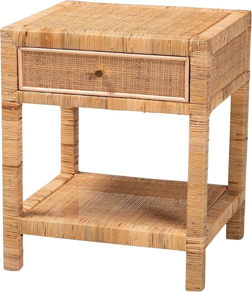 A square wicker nightstand with one drawer, an open lower shelf, and four straight legs. The surface and sides feature woven rattan detailing, making it a stylish addition to any rattan furniture collection.