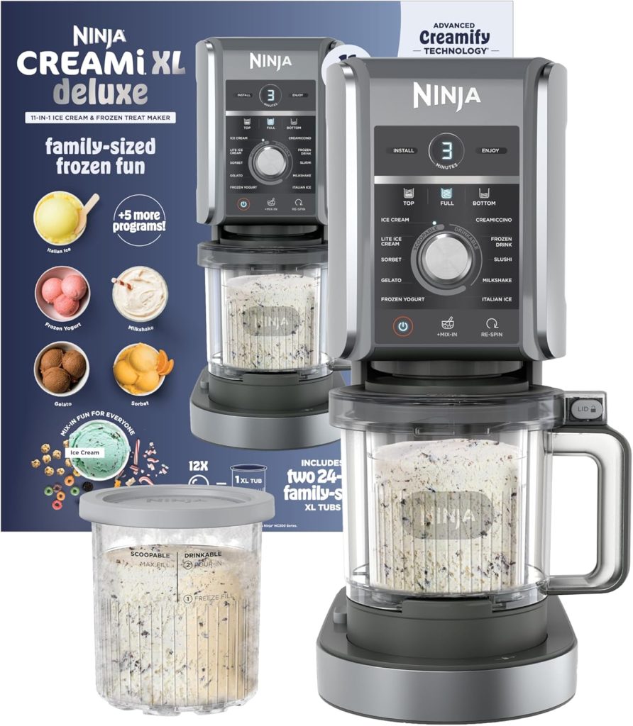 Ninja Creami XL Deluxe ice cream and frozen treat maker shown with packaging, blending container, and prepared frozen dessert—perfect for creating delicious companions to summer favorites like grilled peach salad.
