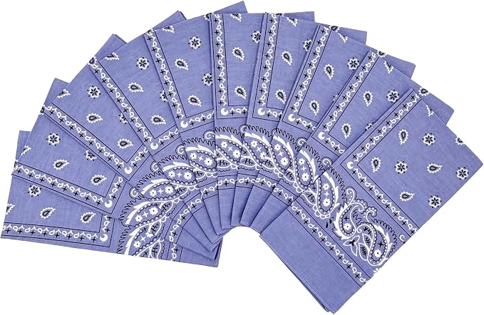 Ten blue bandanas with white paisley and floral patterns are arranged in a fan shape on a white background.