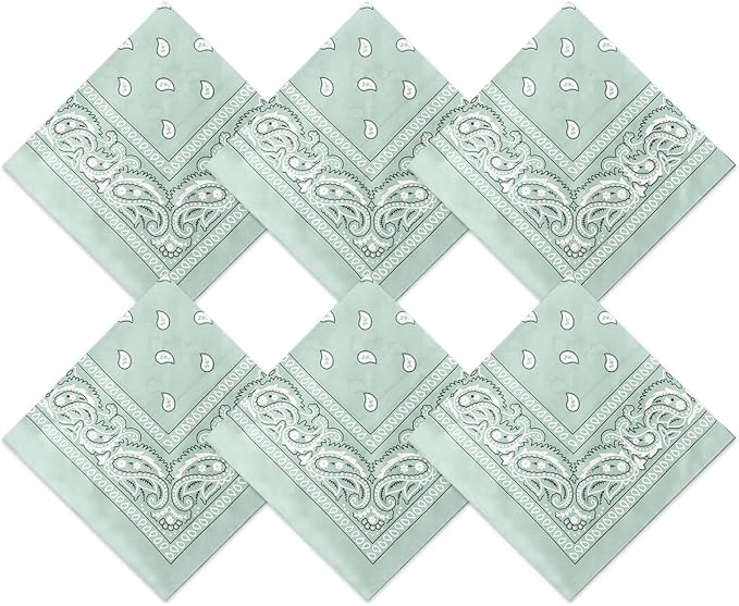 Six light green bandanas with white paisley patterns are arranged in a diamond-shaped grid on a white background.