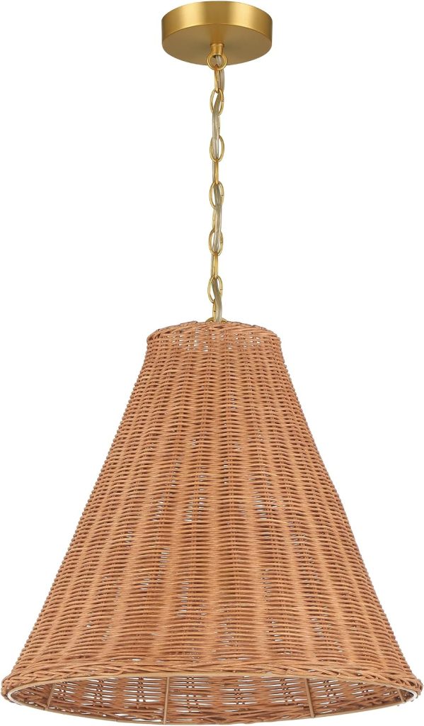 A cone-shaped woven rattan pendant light, inspired by classic rattan furniture design, with a brass ceiling mount and chain, hanging against a white background.