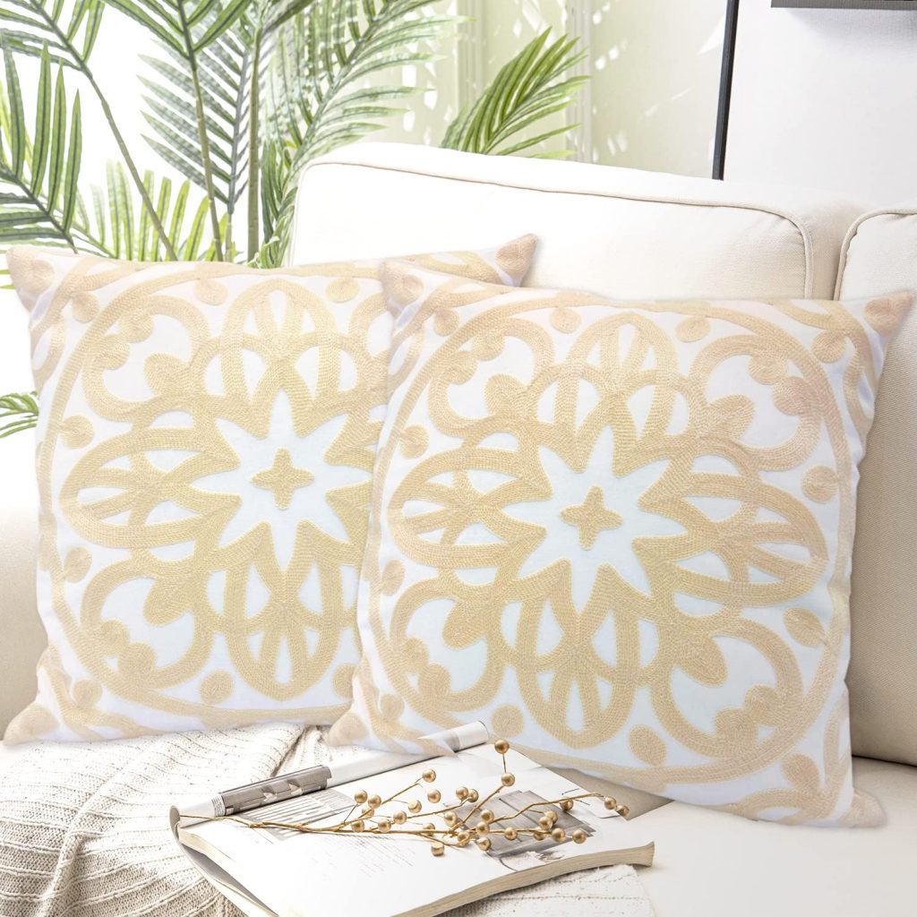 Two decorative cream and white patterned pillows on a light sofa, with a beige throw blanket, a book, and dried flowers nearby. Green plants are visible in the background.
