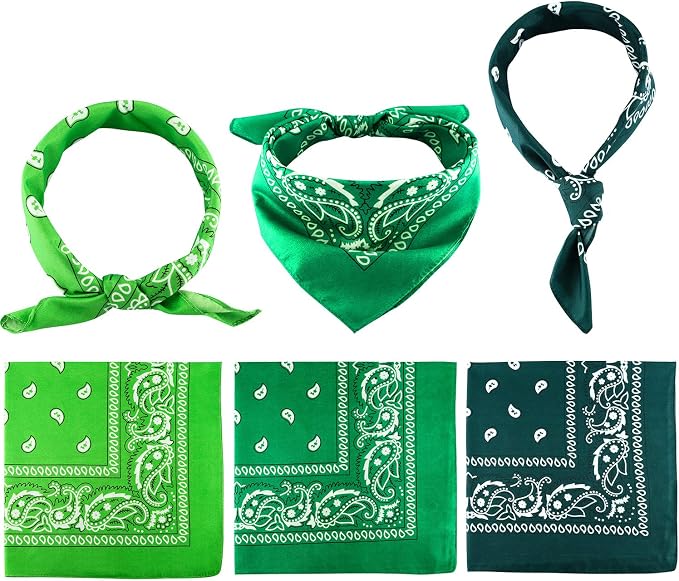 Three green bandanas tied in different styles are displayed above three unfolded green bandanas with white paisley patterns.