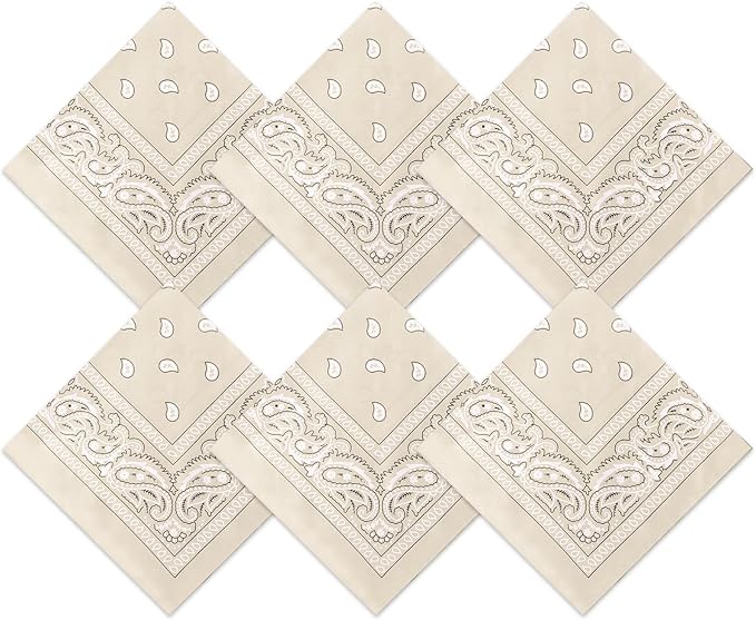 Six beige bandanas with a classic white paisley pattern are arranged in two rows of three, each folded into a diamond shape.