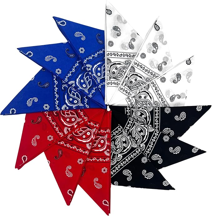 A fan-shaped arrangement of paisley-patterned bandanas in blue, white, black, and red, forming a circular pattern on a white background.