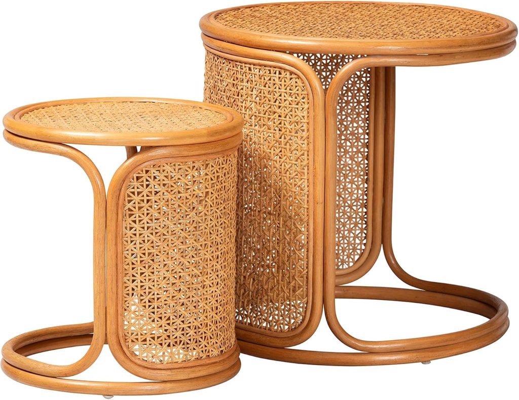 Two round nesting tables made of light wood and woven rattan, with curved supports and matching lattice patterns on the sides and tabletops, embody the timeless elegance of rattan furniture.