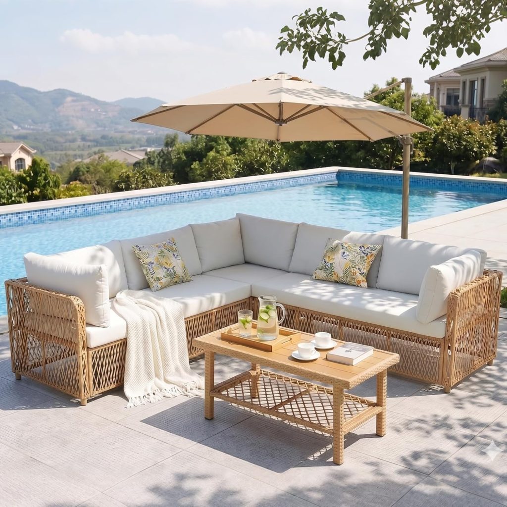 Rattan furniture with white cushions and a coffee table is arranged beside a pool, shaded by a beige umbrella, with mountains and greenery in the background.