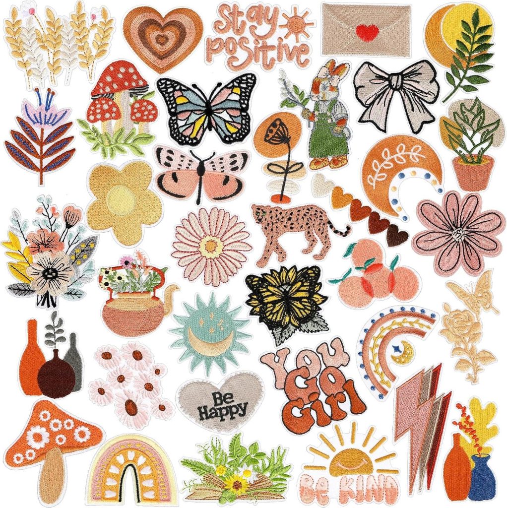A collection of colorful patch designs featuring flowers, mushrooms, butterflies, rainbows, animals, lightning bolts, and positive phrases like “Stay Positive” and “Be Kind.”.