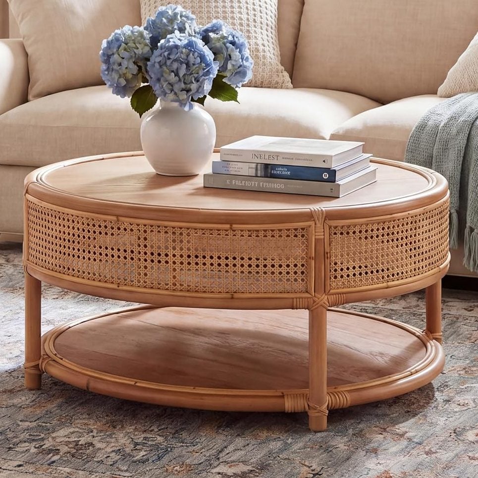 Round rattan coffee table with books and a vase of blue hydrangeas, set in front of a beige sofa with cushions and a soft green throw, showcases the inviting charm of rattan furniture in a bright, cozy living room.