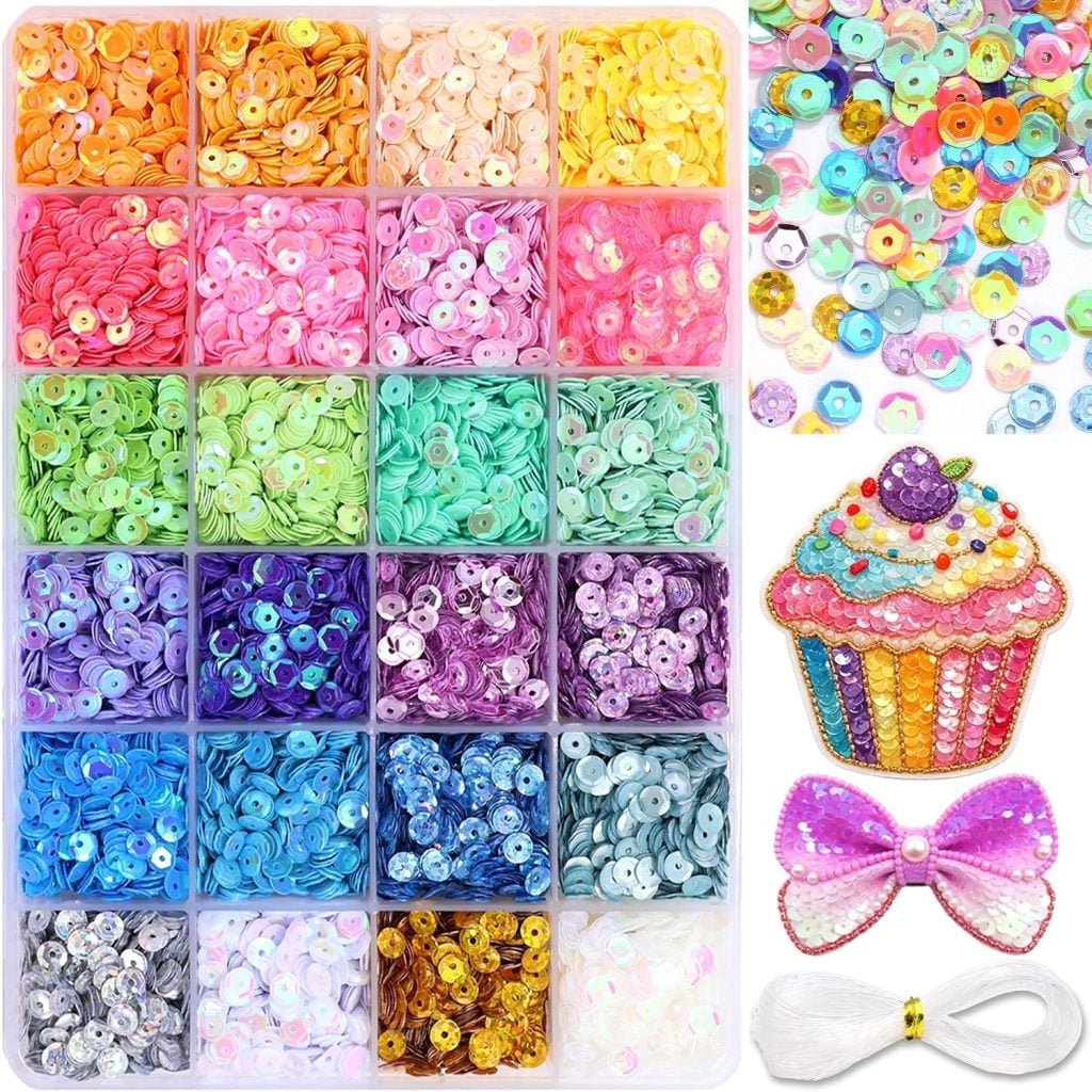 A plastic organizer holds assorted colorful sequins; additional sequins, a decorated cupcake, bow patches, and white thread are shown alongside.