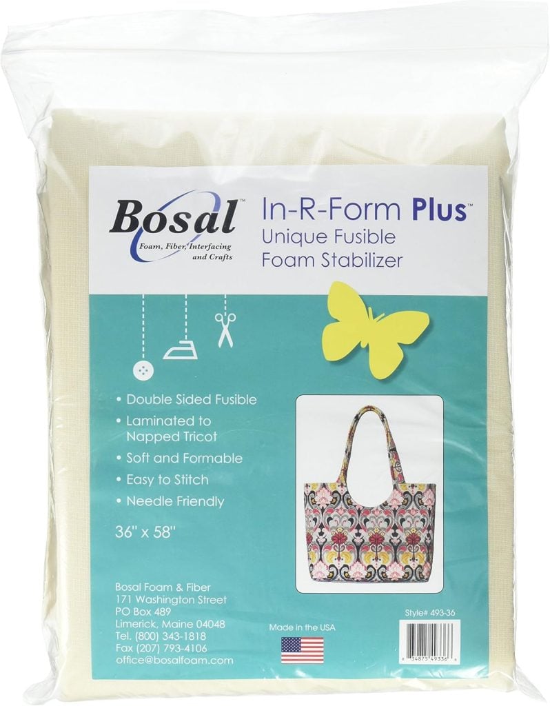 Package of Bosal In-R-Form Plus Unique Fusible Foam Stabilizer, 36" x 58", with product details and an image of a tote bag on the front.