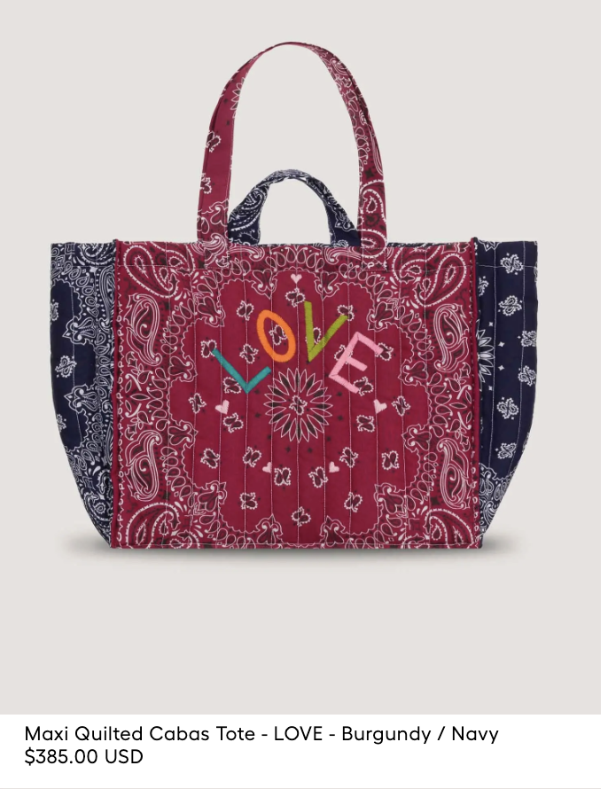 A quilted tote bag with burgundy and navy bandana patterns, "LOVE" stitched in multicolor letters on the front. Price: $385.00 USD.