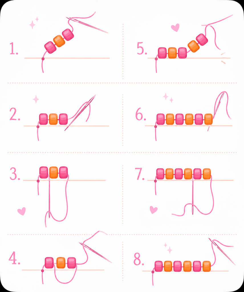 Step-by-step visual guide showing how to weave pink and orange beads onto a thread to create a flat square stitch pattern, with each step numbered from 1 to 8.