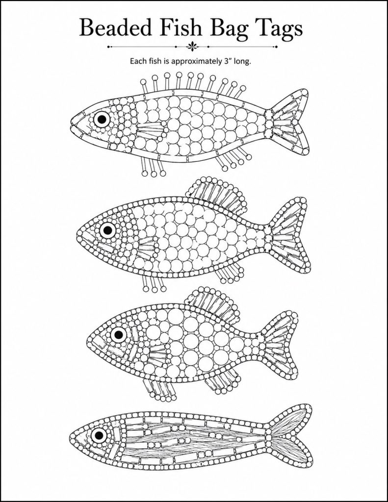 Black and white illustration of four different beaded fish designs for bag tags, each fish about 3 inches long, shown with various bead patterns.