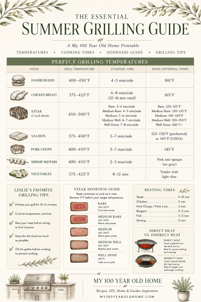 Summer grilling guide chart showing recommended temperatures, cooking times, and doneness tips for various meats, fish, and vegetables, with additional grilling advice and an illustration of grill zones.