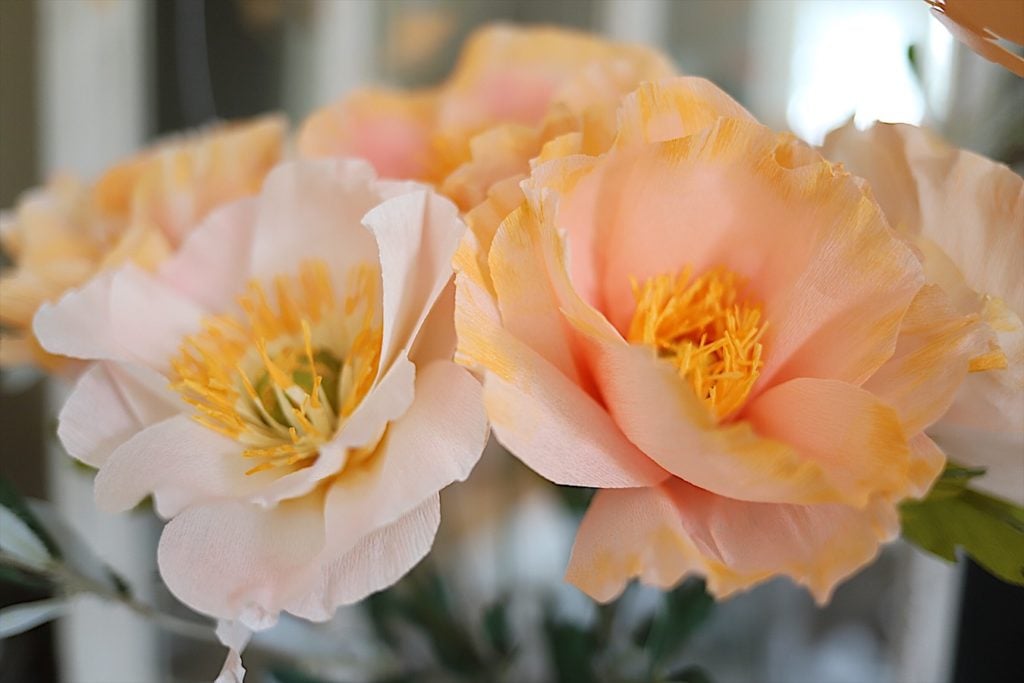 Close-up of two peach and white artificial flowers with yellow centers and green leaves, with a blurred background.